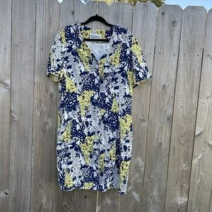 Patricia Magali Silk Dress Pockets Size 16 Blue White Floral Vintage Fall Yellow
